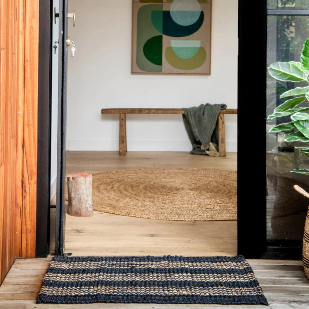 Jute Door Mat / Hallway Runner Striped Natural And Black Oh Happy Home